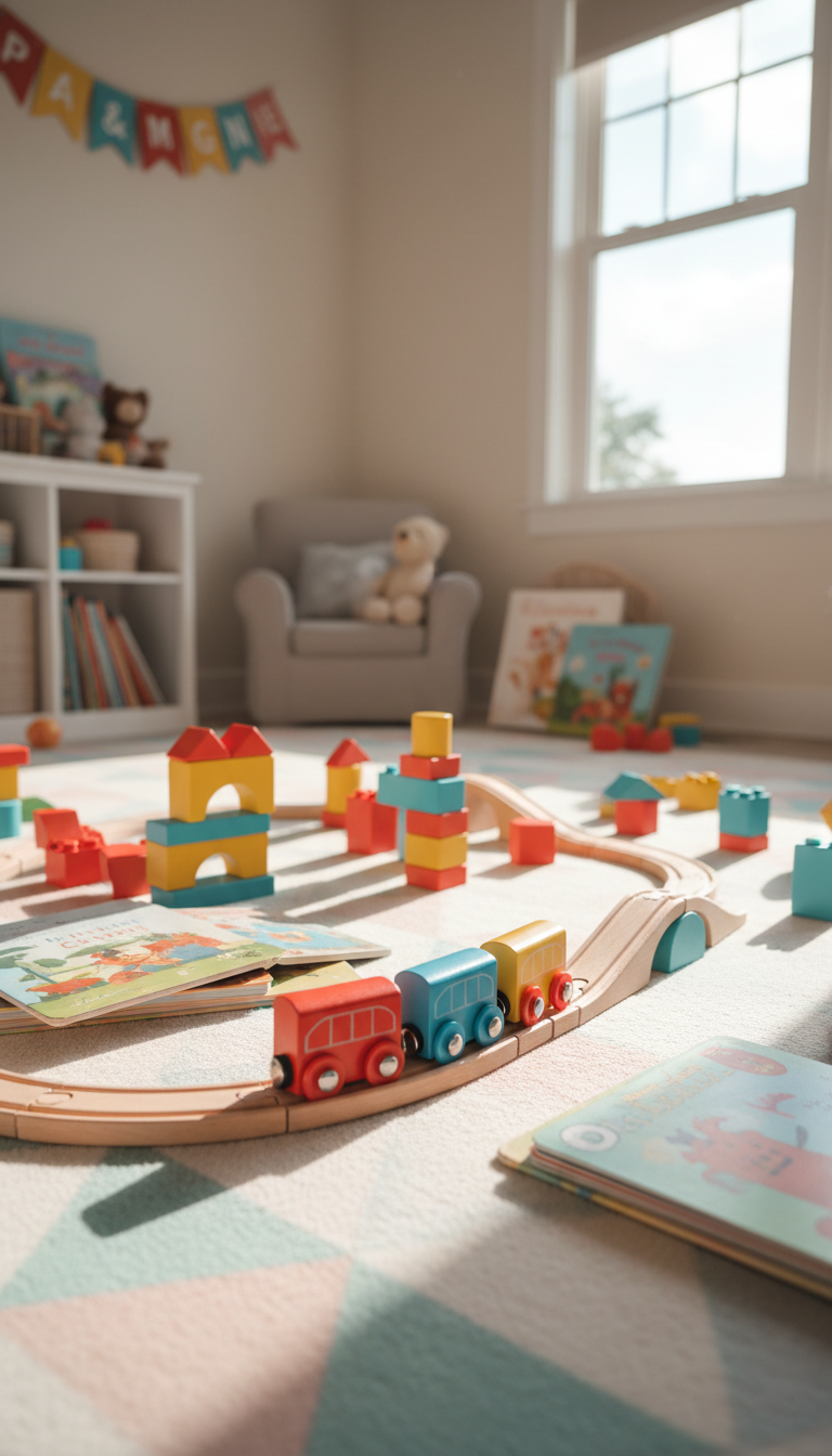 A vibrant wooden toy train set intricately painted in primary colors sits assembled in the center of a sunlit playroom. Wooden tracks loop across a plush pastel rug, surrounded by scattered building blocks and whimsical storybooks. Gentle afternoon light pours in from a generous picture window, casting soft, playful shadows and highlighting the glossy finish of the train cars. The atmosphere feels joyful and inviting, with an eye-level photographic composition that draws focus to the detail of the toys, while the background gently blurs into cozy, child-friendly decor. The artistic style is clean, bright, and subtly whimsical, inviting viewers into the heart of family playtime, perfectly evoking the blog’s celebration of childhood wonder.