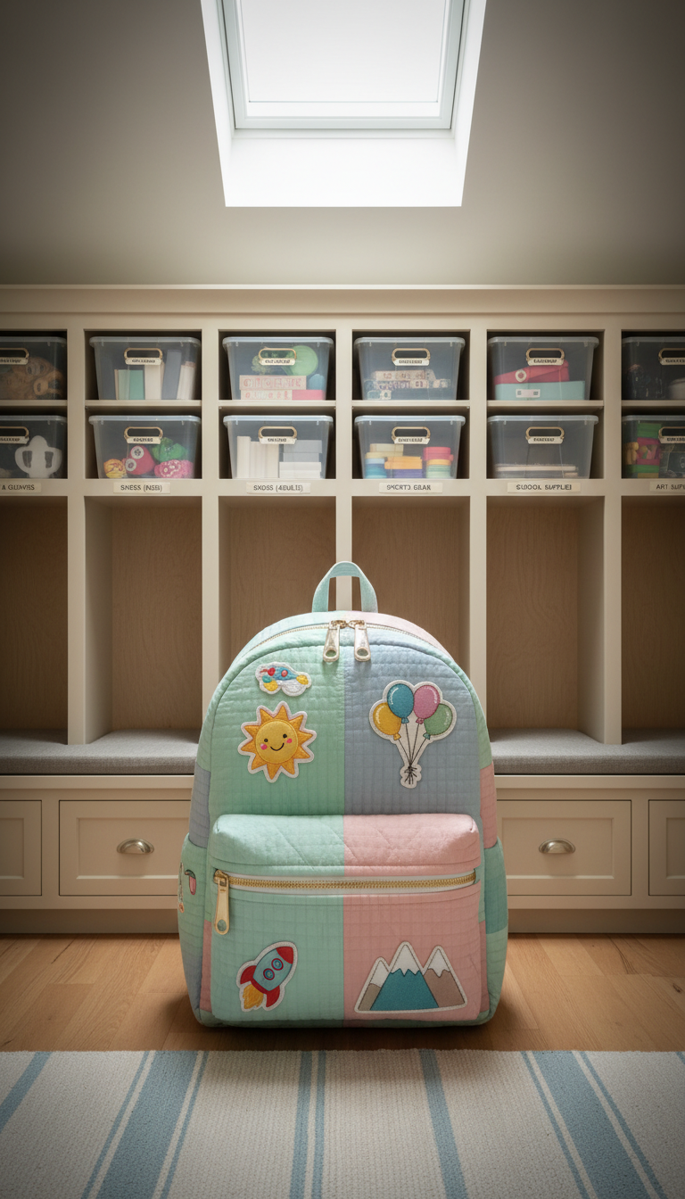 An oversized pastel-colored backpack with charming embroidered patches stands prominently against a backdrop of built-in cubbies stacked with neatly labeled storage bins. Soft, diffuse morning light from a skylight above gently illuminates the scene, bringing out the subtle textures of the fabric and the sheen on cheery metal zipper pulls. The environment is structured yet welcoming—a well-organized mudroom or entryway that radiates warmth, cleanliness, and order. Captured from a straight-on, eye-level perspective with a subtle vignette effect, the composition centers the backpack as a symbol of everyday family adventures. The overall style is modern, organized, and accessible, aligning with the blog’s practical, upbeat tone.