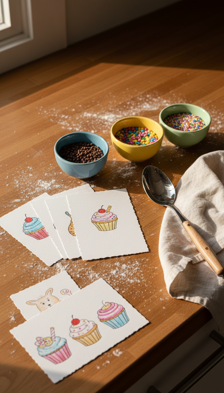 A set of hand-lettered recipe cards featuring playful, kid-friendly doodles rests neatly on a honey-toned wooden kitchen countertop. Tiny ceramic bowls filled with colorful baking sprinkles and a polished stainless steel mixing spoon frame the scene, while a few flour dustings add authenticity. Golden hour sunlight streams in from the side, accentuating the textured paper fibers and casting warm, cheerful highlights and shadows that create depth. The camera is angled slightly overhead, capturing the spread with clean lines and organized balance. This vibrant yet homey image blends modern family life aesthetics with nostalgic, tactile charm—ideal for illustrating homemade family traditions and practical parenting tips.