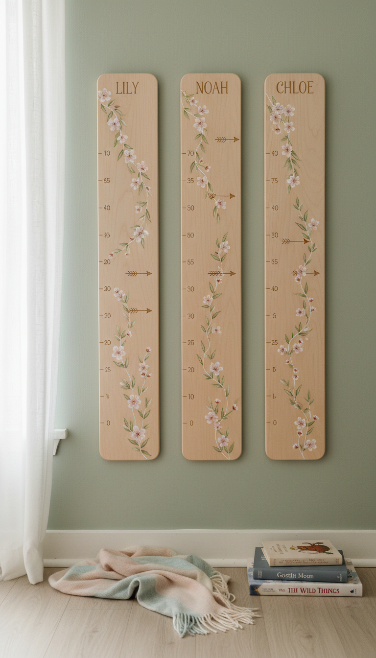 A collection of botanical-themed growth charts crafted from smooth, natural wood with delicately painted vines and blossom motifs is mounted along a soft sage-green wall. A gently folded pastel wool blanket and a stack of classic hardcover children's books rest nearby, while diffused overcast daylight seeps through a sheer curtain, creating even, calming illumination. The image exudes a serene, nurturing mood—emphasizing gentle growth and the passage of time in family life. Framed with the rule of thirds, the focus is on the graduations and hand-painted details, with the composition inviting the viewer to pause and appreciate milestones. The artistic approach is warm, clean, and subtly elegant, perfect for inspiring posts on cherishing childhood moments.